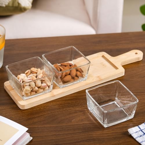 Image of Nestasia Square Glass Bowls Set of 3 (250 ml Each) with Wooden Tray | Transparent Katori for Dessert & Ice Cream, Snacks & Dry Fruits Serving Set for Dining Table, Home & Kitchen - Perfect for Gifting