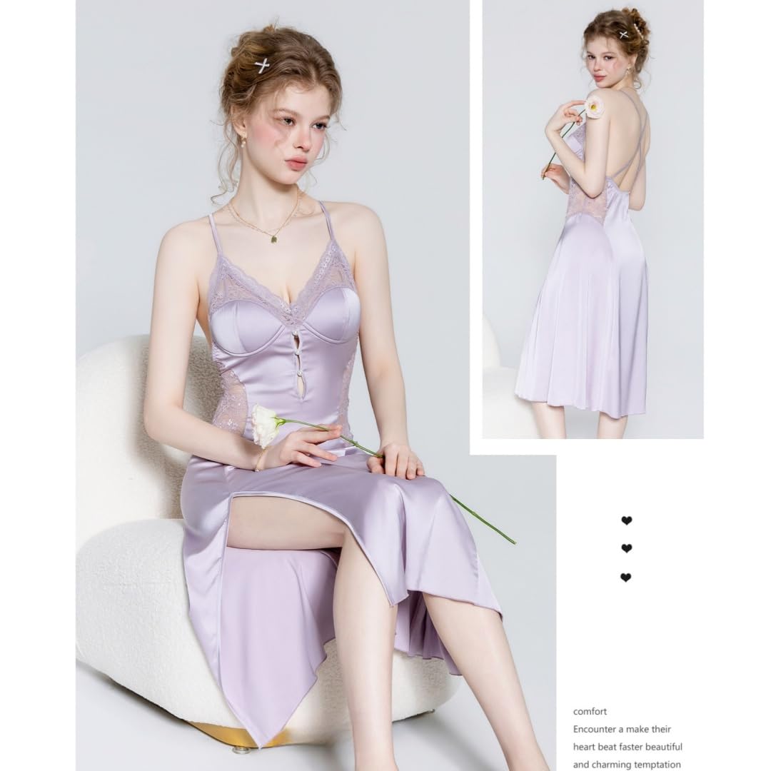 Bata Sexy Mujer Conjunto De Camisón/Bata Transparente con Top Halter De Satén, Aberturas, Cintura Ajustada Y Detalles De Perlas.