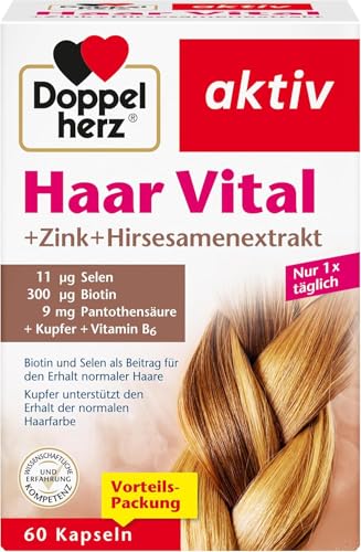 Doppelherz Haar Vital + Zink + Hirsesamenextrakt - Biotin als Beitrag für den Erhalt normaler Haare - Kupfer unterstützt den Erhalt der normalen Haarfarbe - 60 Kapseln