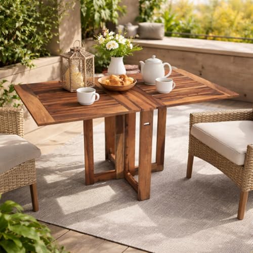 Image of Solid Sheesham Wood Foldable Dining Table Compact Design (Strip Top, Honey Finish)