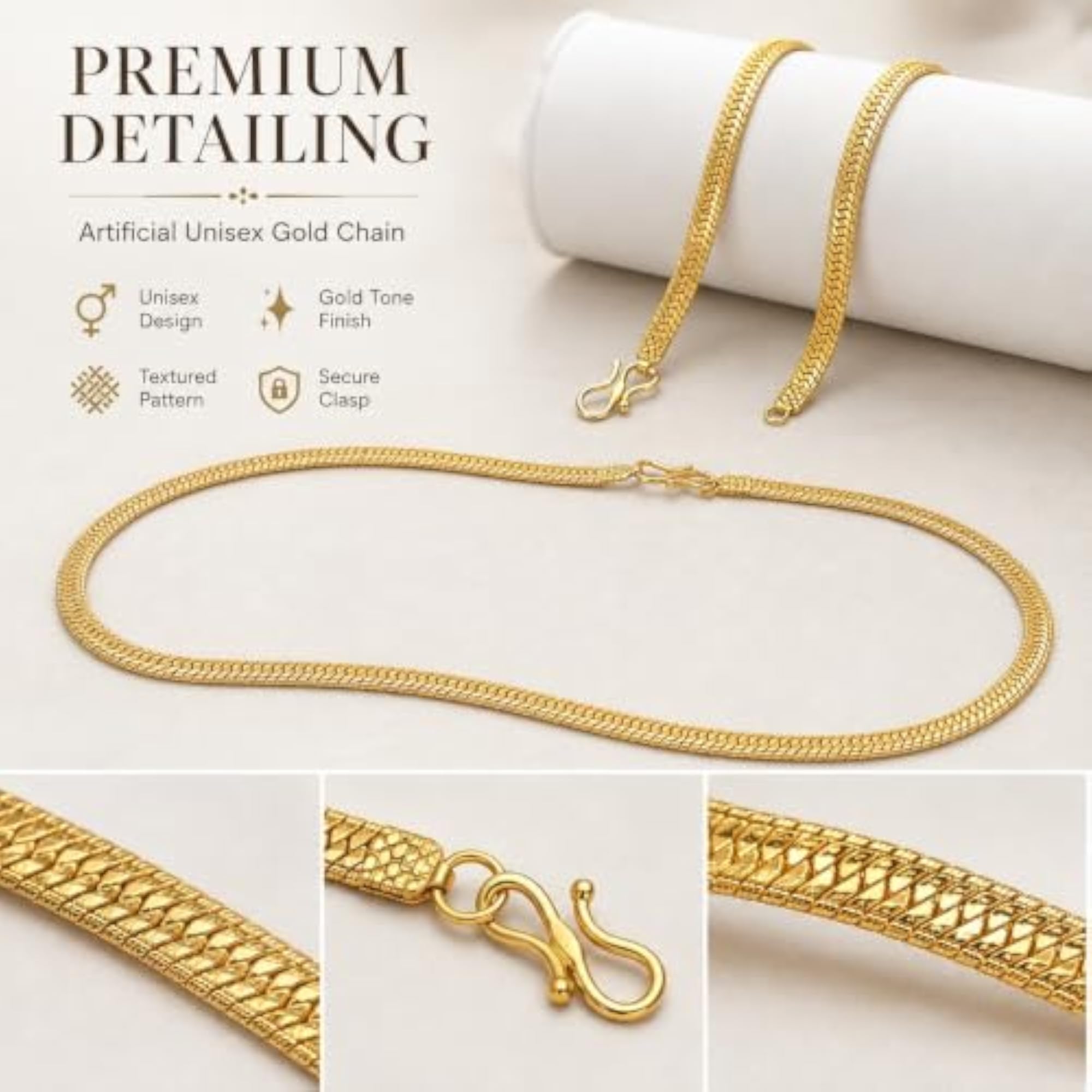 Gold Tone Textured Chain Necklace for Men & Women, Unisex