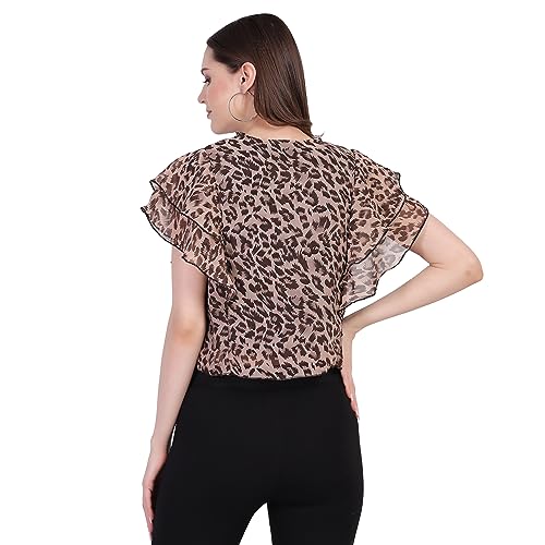 Image of Women's chita Animal Printed Ruffle Sleeve Top, Western Style, Round-Neck