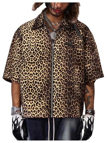 Verdusa Men's Leopard Print Zip Up Shirt Half Sleeve Streetwear Collared Tops