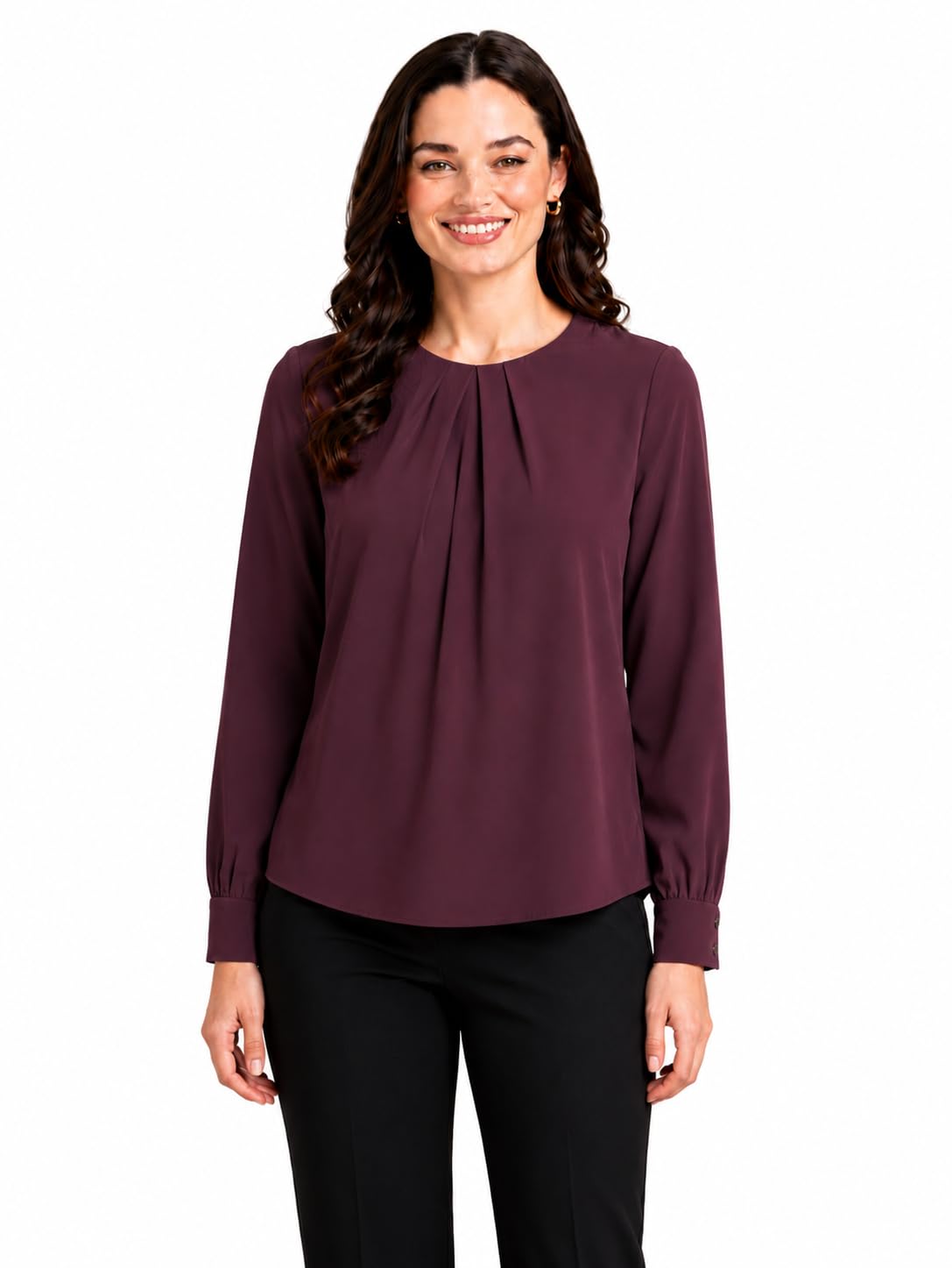 mirana Women’s Full Sleeve Solid Top | Round Neck Pleated Front Regular Fit Office Casual Blouse with Button Cuffs-picture-41