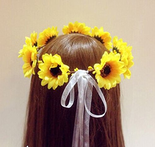 Artificial Fabric Sunflowers Crown Headpiece Floral Hair Garland Wreath Accessories Piece Hairband Adjustable Headband with Ribbons for Girls Women Yellow