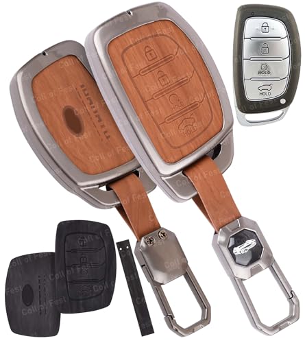 Image of Car Key Cover Compatible with Hyundai Alcazar and Creta Car 4-Button Smart Key (Dual Leather Metal (Black & Brown))