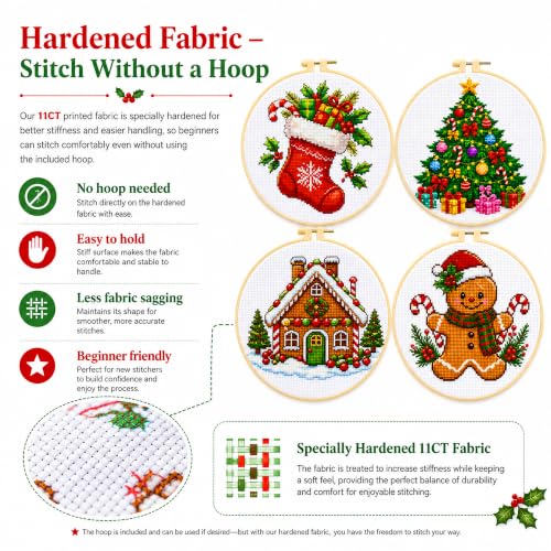 Image of Zhenqing 4 Christmas Cross Stitch Kit, 11CT Stamped Holiday Set | 4 festive 11CT printed designs with 30% extra floss, tools, English guides, and stiffened fabric for hoop-free stitching.