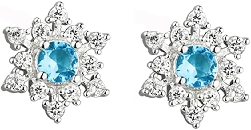SLUYNZ Solid 925 Sterling Silver Sparkling Blue Crystal Snowflake Earrings Stud for Women Teens Pretty Snowflake Stud Earrings