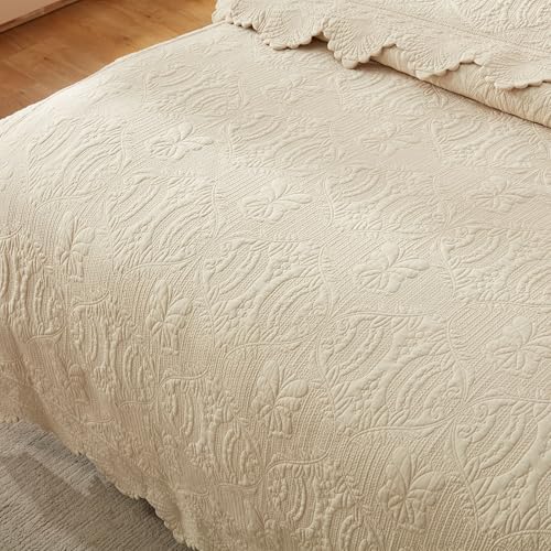 MarCielo 3-Piece 100% Cotton Oversized Bedspread Lightweight Quilt Coverlet Embroidery Farmhouse Bedding Set(TL Beige,Oversized Queen (100"x106"))