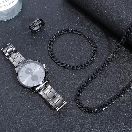 NEWITIN 4 Pieces Black Jewelry Set for Men Stainless Steel Watch Necklace Bracelet Ring Fashion Black Wristwatch Cuban Link Chain Cuban Jewelry Set for Men - Image 5