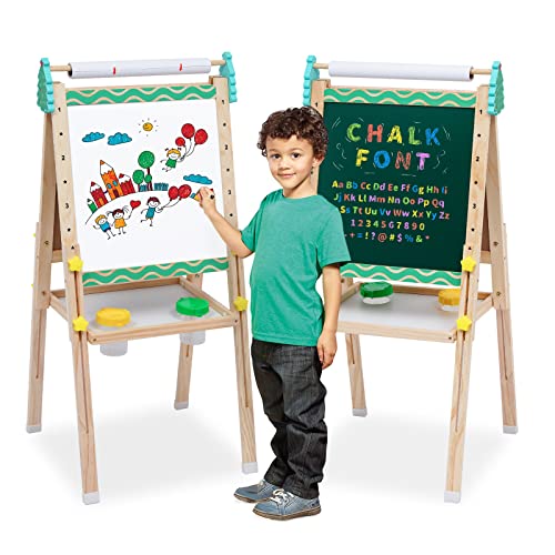 Kids Easel With Paper Roll Wooden Art Easel With Chalkboard & White Board Painting Accessories Storage Tray Double-Sided Board Height Adjustable #TOP5