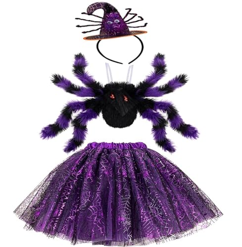UCKriito Kostüm Kinder Spinne Halloween Kostüm Spinnenkostüm Kinder Mädchen Tüllrock Spinnenrucksack Spinne Haarreifen Perfekt für Halloween Gruselparty Cosplay Party