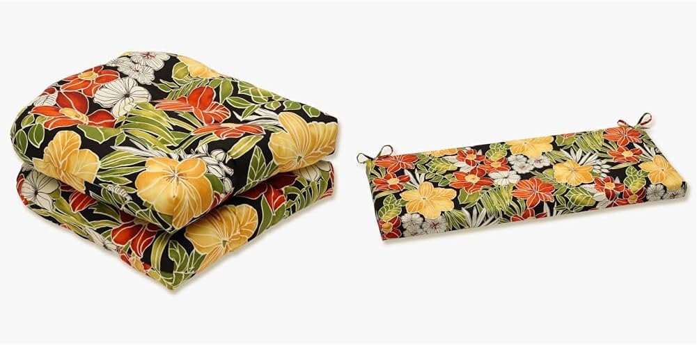 Pillow Perfect Tropic Floral Black/Green Clemens Indoor/Outdoor Chair and Sofa Setee Bench Cushion Set, Tufted and with Ties, Fade Resistant