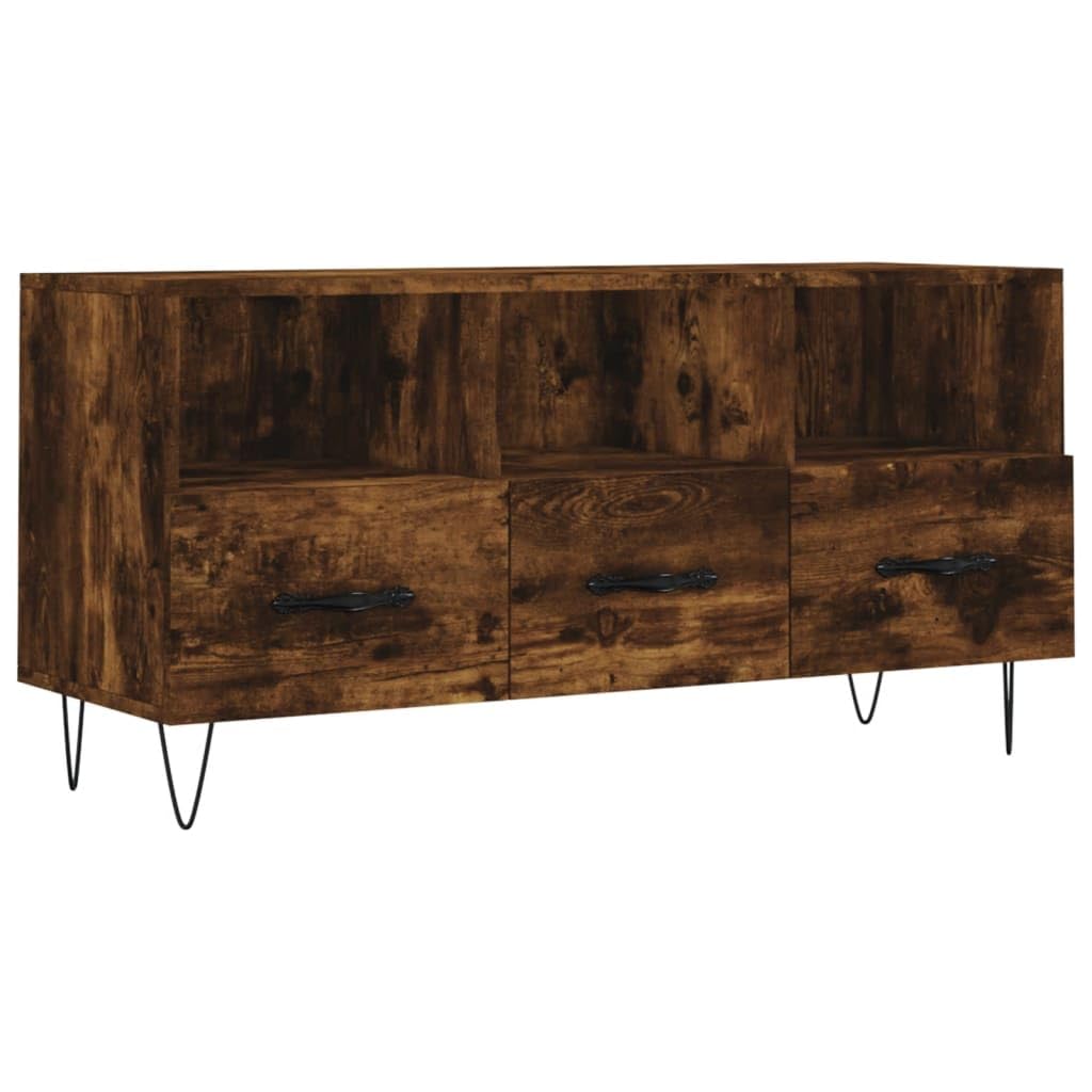 Szafka pod telewizor dąb wędzony 102 x 36 x 50 cm, materiał drewnopochodny, wytrzymała szafka na media z 3 półkami i 3 szufladami, nowoczesne centrum rozrywki do salonu, sypialni, żelazne nogi