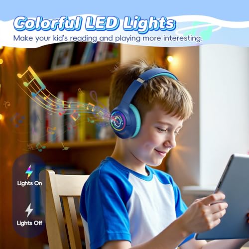 Image of Kids Bluetooth Headphones, 85H Playtime Wireless Headphones for Kids, Colorful LED Lights, 85 /94dB Safe Volume Limit, Bluetooth 5.4 Built-in Mic Toddler Headset for Tablet /Airplane (Navy Blue)