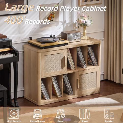 Image of LEYAOYAO Large Record Player Stand with Vinyl Storage Up to 450 Albums, Wood Rattan Boho Record Storage Accent Cabinet, Modern Stereo Media Cabinets, Wide Turntable Stand for Living Room, Natural Oak