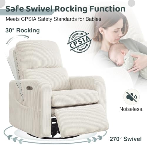 AEMEIOS Power Swivel Rocker Recliner, Glider Recliner Nursery Chair, Cream - 2