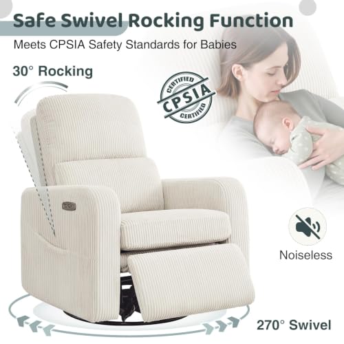 Image of Power Swivel Rocker Recliner, Glider Recliner Nursery Chair, Cream