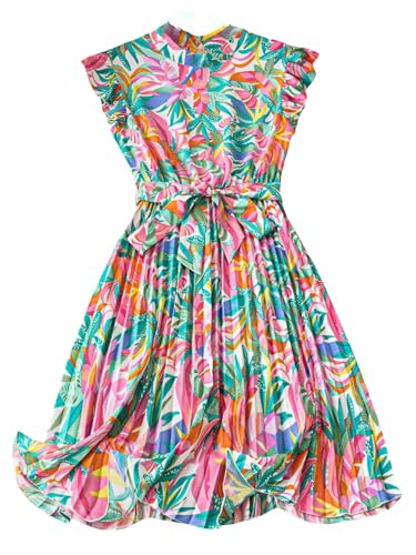Image of SISKIN Summer Dresses for Women 2025, Boho Elegant Weeding Party Beach Resort Dresses for Women 2025 Casual Spring, Floral Multicolor Ruffle High Neck Midi A-line Pleated Belt Dress Green M