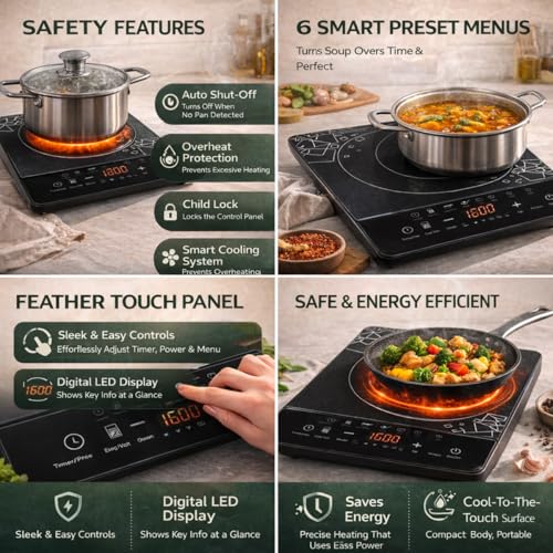 Sheffield Classic Induction Cooktop 1600W | Feather Touch Display Panel | 6 Smart Preset Menus | Fast, Safe & Energy Efficient Kitchen Appliance | Perfect for Gifting, Office & Travel view 2