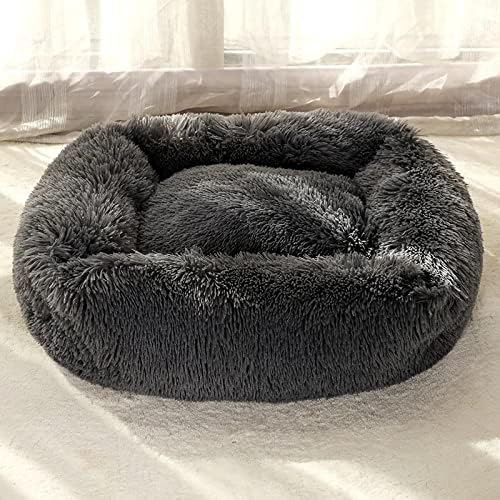 LYZLYQBF Plush Donut Dog Bed, Square Dog Bed Calming Pet Dog Bed, Anti Anxiety Cat Dog Bed Cuddler Kennel Soft and Fluffy Dog Cushion Bed for Medium Large Dogs, Anti-Slip Bottom, Machine Washable (L)