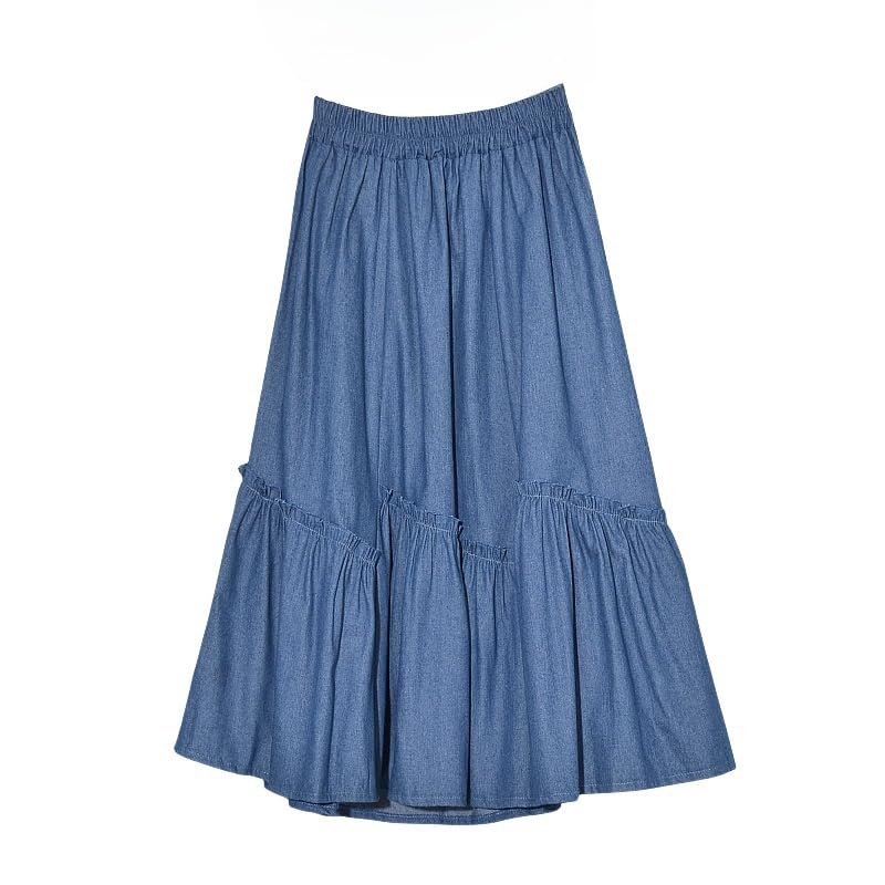 Falda Vaquera Midi De Verano con Corte En A para Mujer, con Cintura Elástica, Volantes, Fluida, con Capas, Plisada, para Playa, Reuniones, Fiestas, Uso Diario, Talla Única Azul