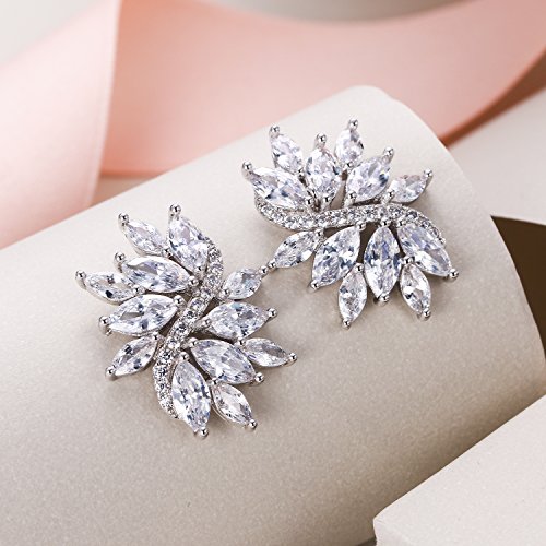 EVER FAITH Women's Cubic Zirconia Elegant Bridal Floral Leaf Pierced Stud Earrings4