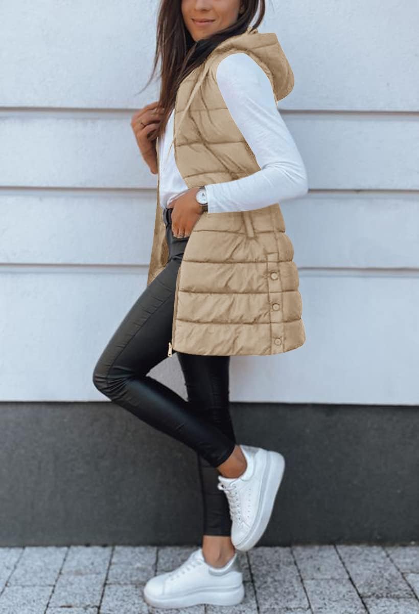 Veatzaer Women Long Vest Solid Color Sleeveless Hood Winter Puffer Vest Outwear - Image 4