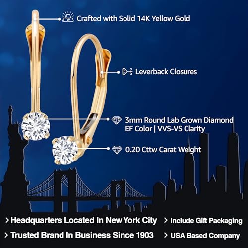 Gem Stone King 14K Yellow Gold White Lab Grown Diamond Leverback Drop Dangle Earring | 0.20 Cttw | Gemstone Birthstone | Round 3MM | EF Color | VVS-VS Clarity | Gold Earrings For Women2