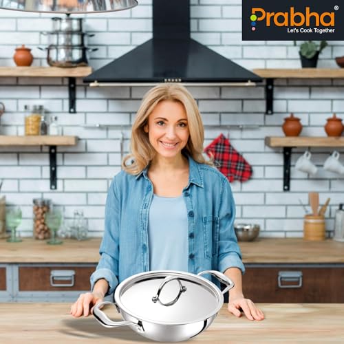 Image of Prabha Prima Deep Kadhai with Lid, Stainless Steel, Kitchen Kadhai, 30cm, 7.2L, Induction & Non Induction Base, 60 Months Warranty