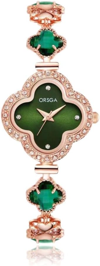 - Watch Bracelet Analog Clover Dial Wrist Watch for Ladies Luxury Diamond Stone Rose Gold Brass Strap Dress Watch for Women