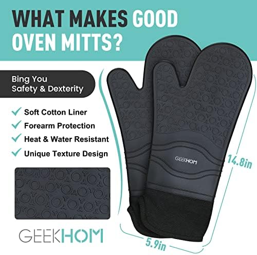 GEEKHOM Oven Gloves, Heat Resistant Silicone Oven Mitts Cotton Liner Long Waterproof Kitchen Cooking Gloves, Accessories for Pizza Oven Potholders Baking Barbecue Grilling (Black)
