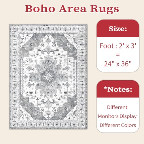 SERISSA Boho Rugs for Entryway, 2x3 Grey Entryway Rug Non-Slip Washable Small Area Rug, Ultra Soft Oriental Vintage Low-Pile Indoor Door Mat Floor Carpet for Entrance Bedroom Kitchen Bathroom
