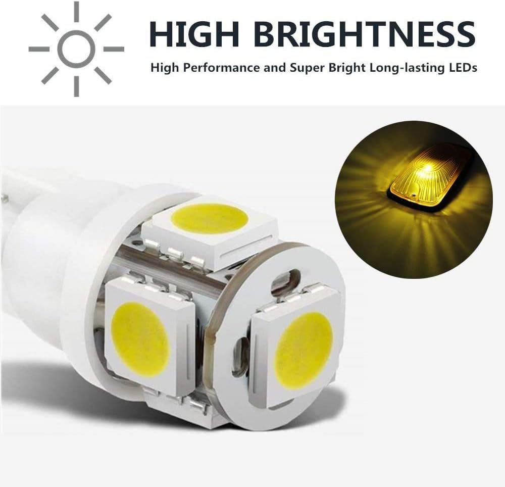 5pcs Amber Cab Maker Roof Running Clearance Light Cover + White T10 5050 LED Light Bulbs Replacement For 1988-2002 GMC Chevy C1500 C2500 C3500 K1500 K2500 K3500 Pickup (Amber Cover & White LED)
