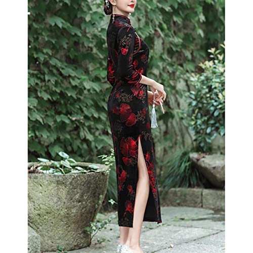 BooW Women\'s Elegant Velvet Cheongsam Qipao Dress Chinese Mandarin Collar Side Slit Maxi Dress (909# Black×Red, Large)