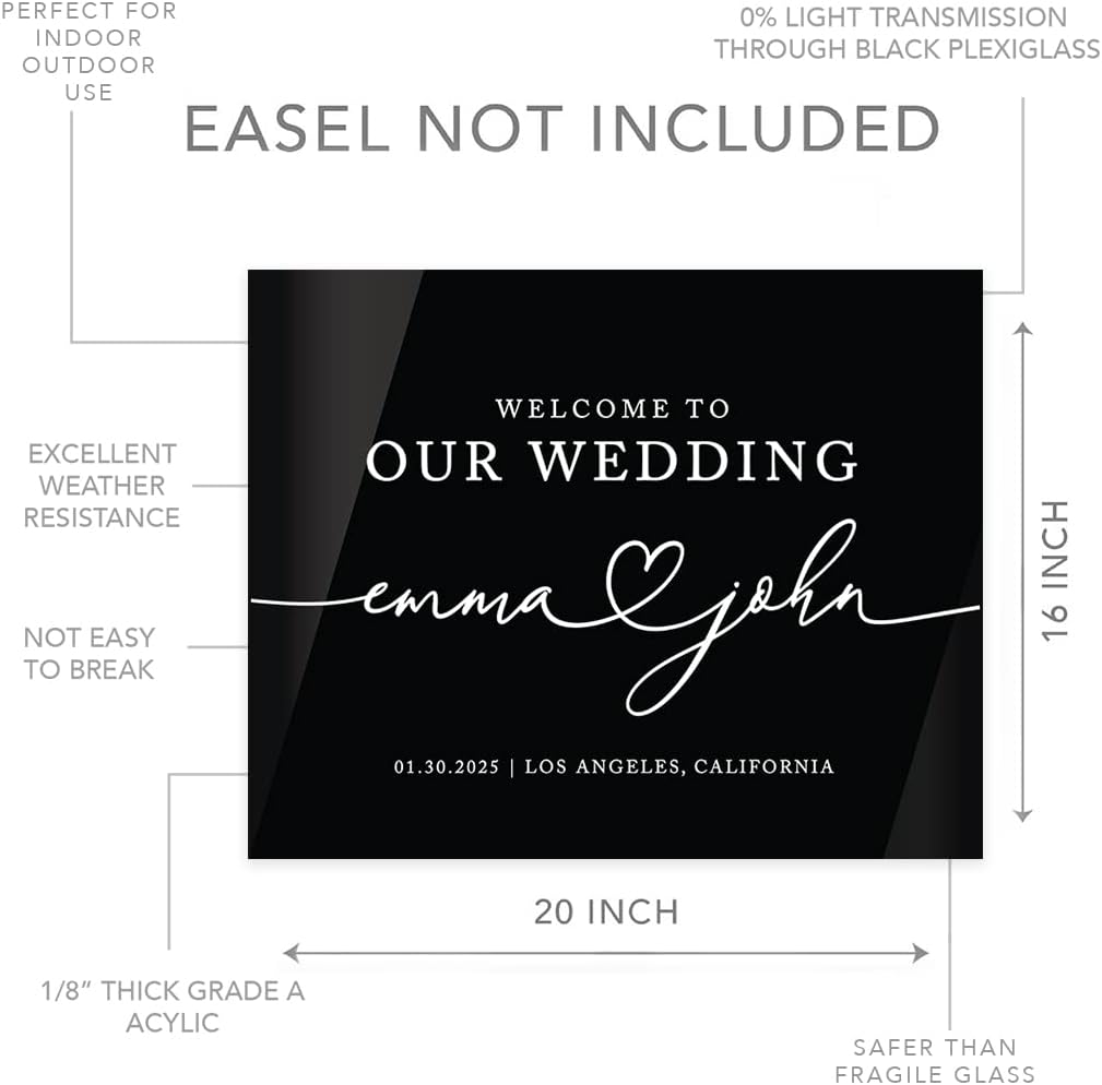 Andaz Press Personalized Welcome To Our Wedding Sign, Heart Names 16" x 20" Custom Black Acrylic Wedding Welcome Sign for Reception, Ceremony, Easel Stand