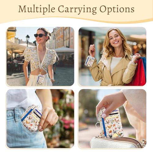 Image of Kelvoris Chicken Rooster Credit Card Holder Small Wallet Women, Flowers Slim RFID Blocking Wallet Woman Keychain with Zipper Coin Pocket, Front Pocket Thin Travel Card Case with ID Window Ladies Gifts