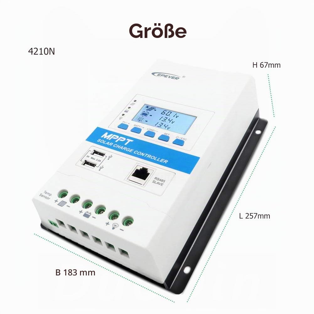 EPEVER® 40A MPPT Solarladeregler 12V/24V Automatische Erkennung der Systemspannung mit LCD-Display und USB-Anschlüssen für Haushalts System - TRIRON 4210N