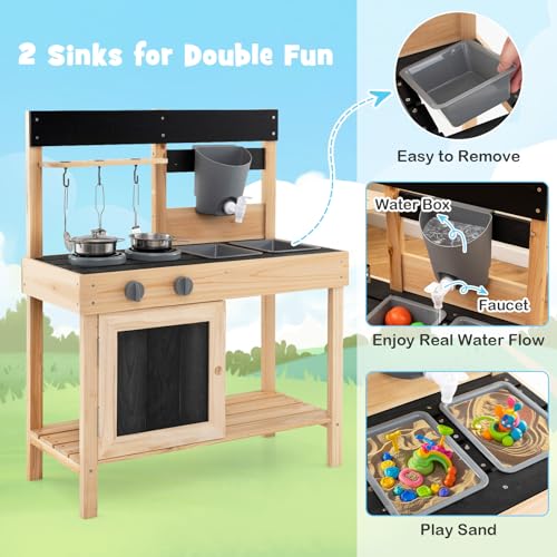 Image of HONEY JOY Fir Wood Outdoor Play Kitchen for Toddlers, Realistic Faucet & Water Tank, Stoves, Sink, Storage Shelf, Outside Kitchen Playset, Mud Kitchen for Kids Outdoor Backyard