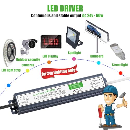 Image of LED Driver 60 Watts Waterproof IP67 Ultra Thin 0.87in 24V 2.5A DC Output Low Voltage Transformer Outdoor Power Supply Adapter for LED Strip,Landscape Lighting Project, and Any 24V LED Lights