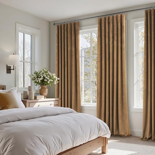 Image of Pitalk Velvet Black Out Curtains Gold Brown for Bedroom Thermal Soundproof Noise Reducing Drape for Nursery Living Room Darkening Privacy Luxury Home Decor Back Tab 63 Inch Length 2 Panel Golden Brown