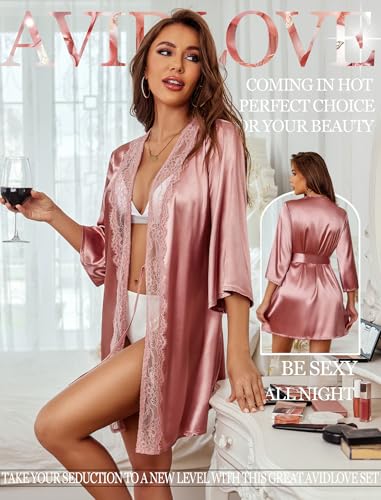 Image of Avidlove Women's Kimono Robe Short Satin Pure Short Silky Robes | Silk Robes for Women Lightweight Kimono Bridesmaid Bride Wedding Party Bathrobes V-Neck Sleepwear