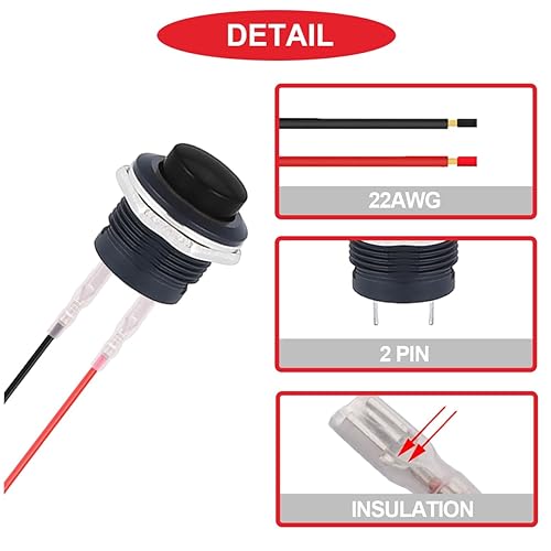 Miniatura 3 de MKBKLLJY Interruptor de botón momentáneo negro de 0.591 in SPST 1A 250V AC  3A 125V AC ON Off 2 pines con cables de terminal bloqueados y tapa de