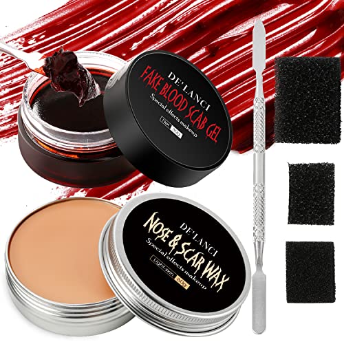 DE’LANCI Sfx Makeup Kit, Modeling Scar Wax 2.1Oz + Fake Blood Scabs 1.1Oz + 3 Stipple Sponges + Spatula, Halloween Special Effects Makeup Kit for Fake Scars, Cuts, Wound, Scratches on Zombie Vampire