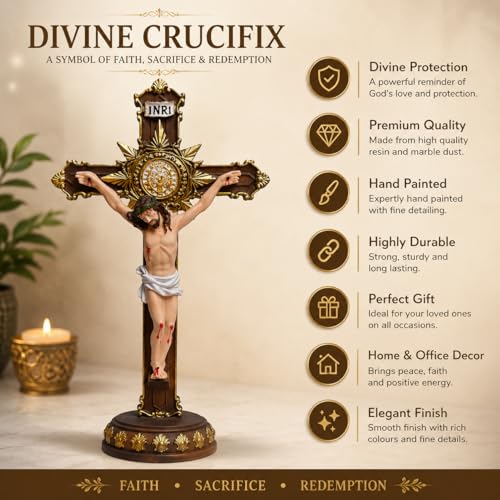 Image of KariGhar Resin The Holy Cross Standing Cross with Lord Jesus Christ for Altar, Table, Prayer Room, Housewarming, Gifting and Decoration Multicolour Figurine 12 Inch