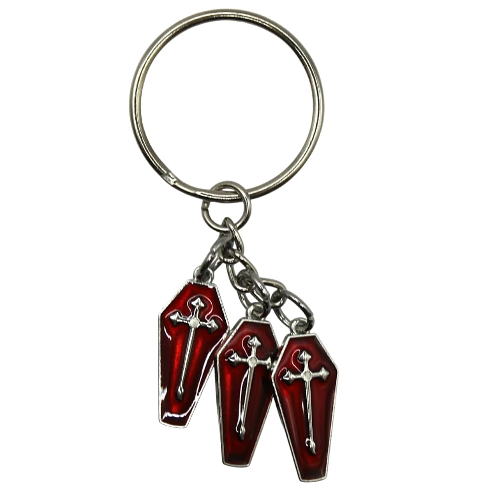 Dark And Twisty Gifts Unisex Red Coffin Keyring With Three Enamel Blood Coffin Gothic Punk Charms And Silver Tone Key Chain