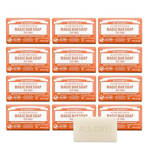Dr. Bronner's - Pure-Castile Bar Soap - Tea Tree, Made w/Organic Oils, For Face, Body, Hair & Dandruff, Gentle on Acne-Prone Skin, Smooth Lather, Biodegradable, Vegan, Non-GMO (5oz, 12-Pack)