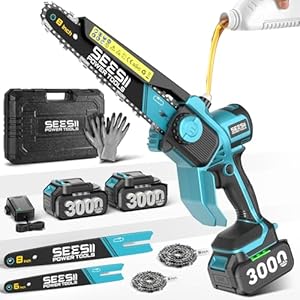 SEESII Mini Chainsaw Cordless 8 Inch & 6 Inch: Electric Battery Powered Chainsaw, Upgraded Brushless Chain Saw with 2pcs 3000mAh, Tool-Free Chain Tension, Oiler, for Tree Branch Cutting (M8 Boost)