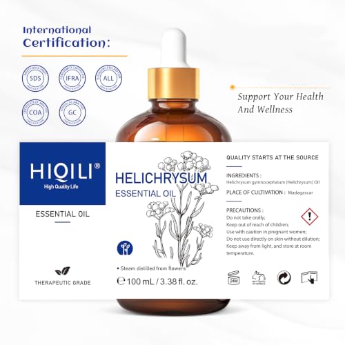 Image of HIQILI Helichrysum Essential Oil for Skin, Massage & Aroma Diffuser | Nourishing Skin, Reducing Fine Lines & Wrinkles, Relieving Body Fatigue, DIY Floral Scent Gift -100mL / 3.38 fl oz