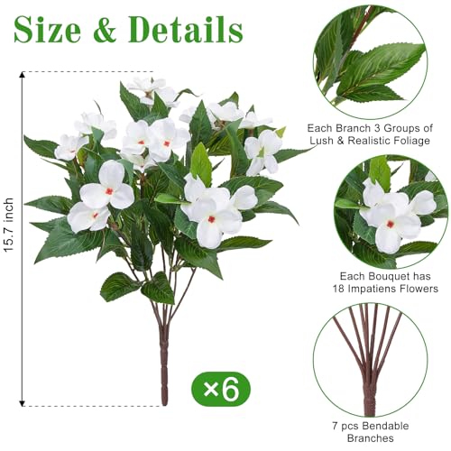 Image of Bassion 6 Bundles Artificial Flowers for Outdoors Fake Impatiens, White | UV resistant, silk flowers, no fade realistic faux plants, outside patio garden porch planters window box balcony home decor